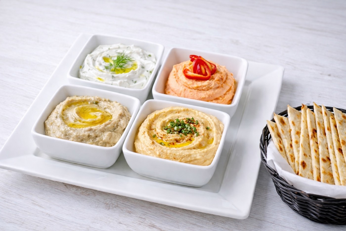 House dips and fresh pita bread