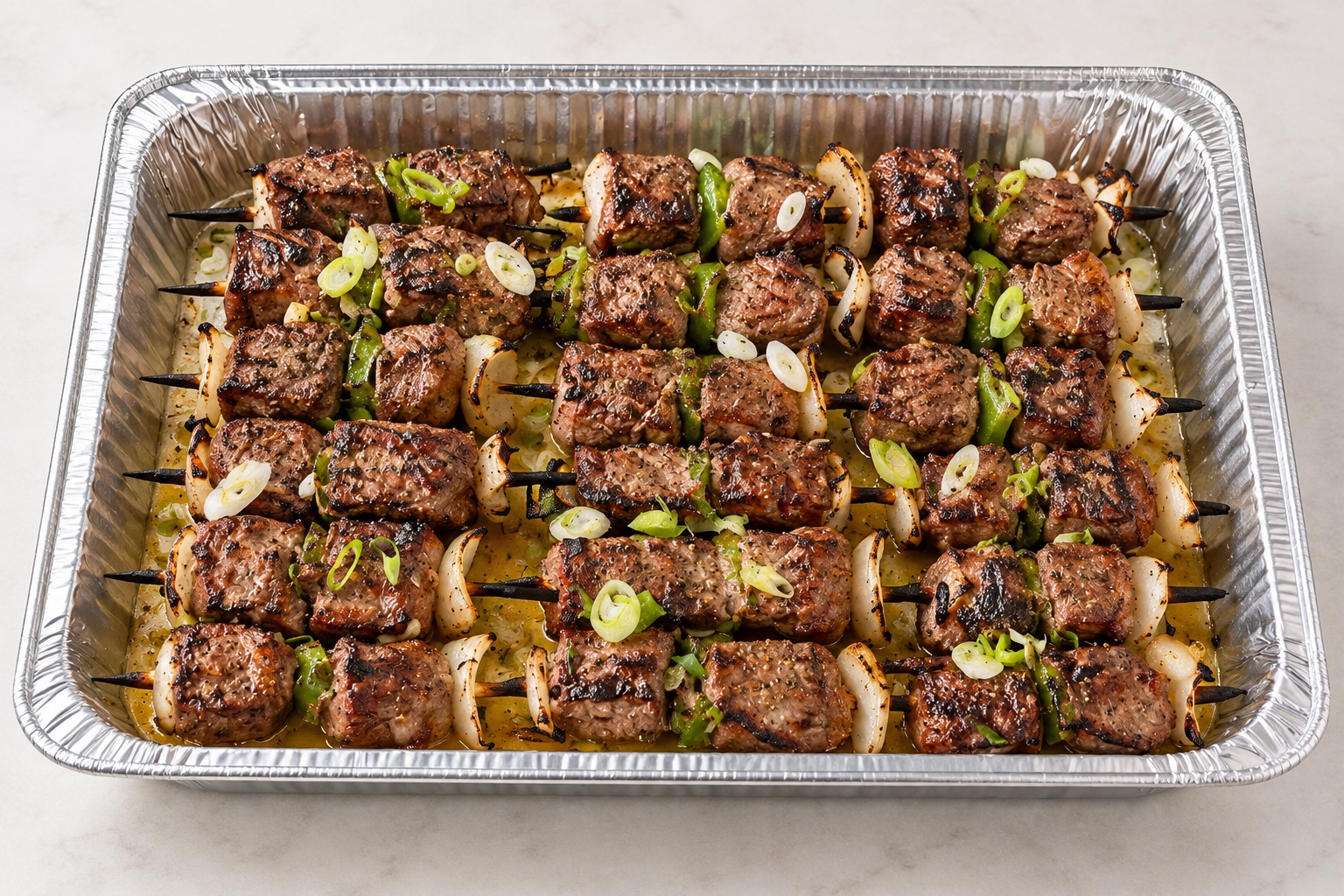 New York Strip Steak Kebabs, grilled with peppers and onions
