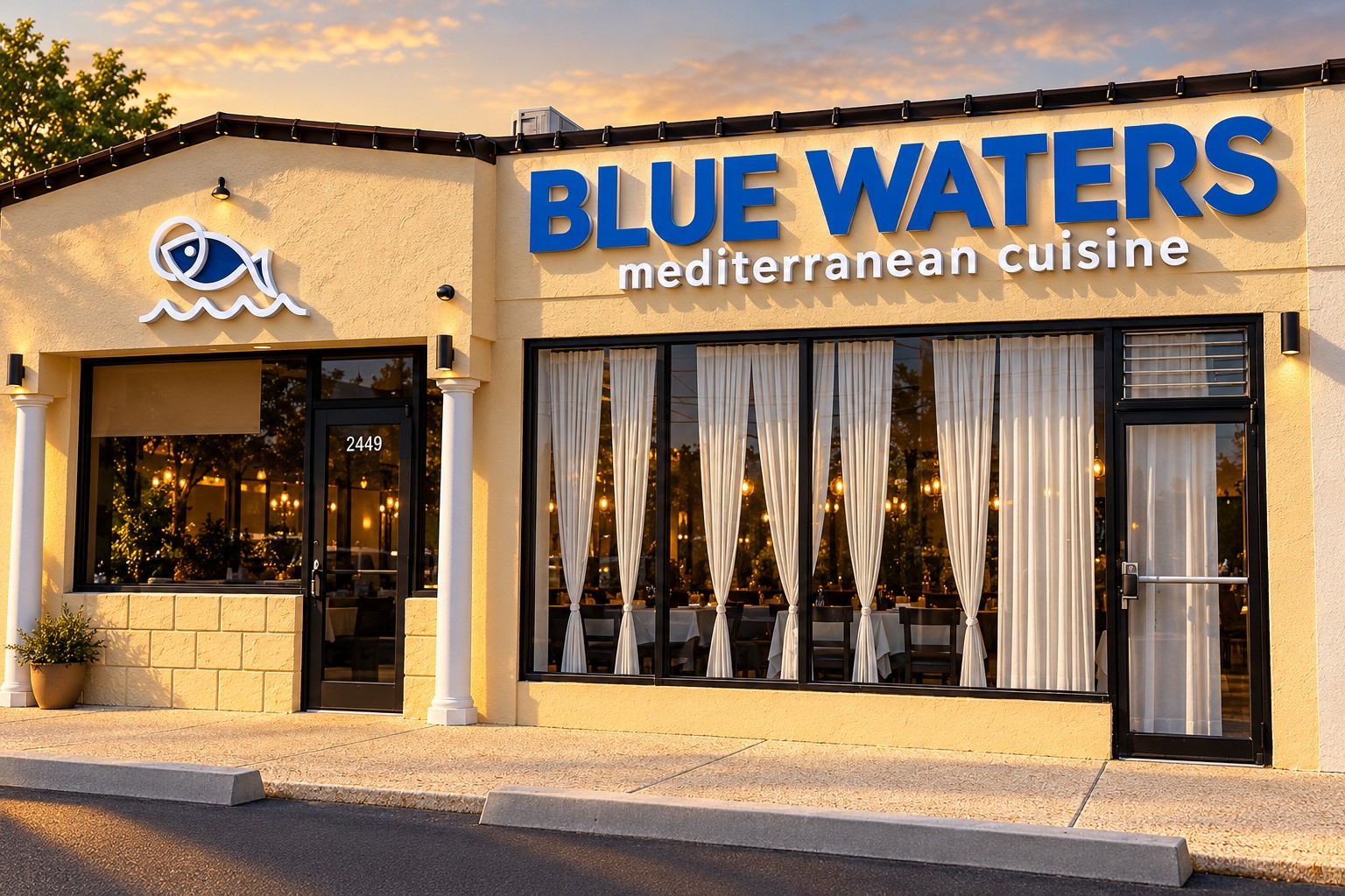 Blue Waters Mediterranean Cuisine restaurant entrance in North Bellmore